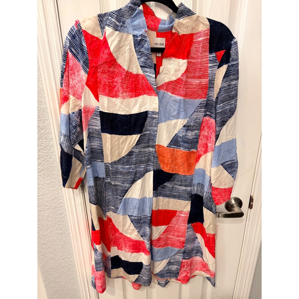 NIC+ZOE Shift Dress Multicolored Geometric Abstract V-Neck W251905 Womens L